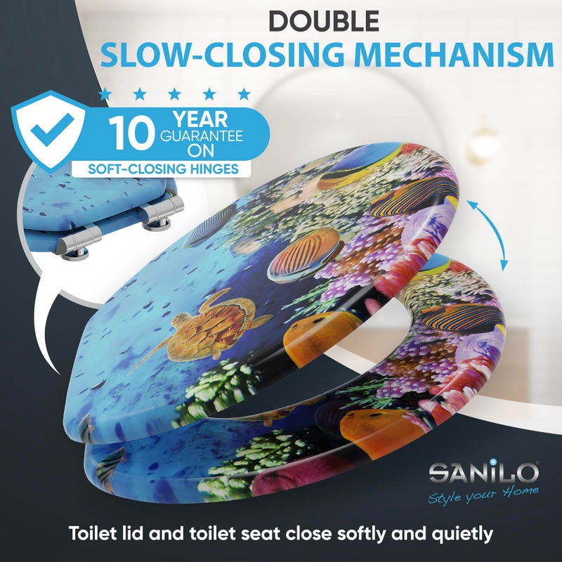 SANILO Wooden Toilet Seat with Soft Close [ROUND] - Decorative, Quiet & Slow Close Molded Wood Seat - With Strong Bumpers & Hinges - Adjustable Fit â€“ Ocean - Image 3